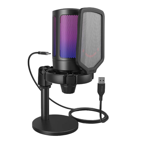 FIFINE MIC A6V Ampligame USB RGB Microphone with Pop Filter – Shock Mount – Round Stand