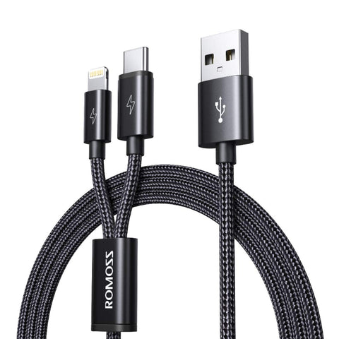 Romoss USB A to Lightning & Type C 1.5m cable Space Grey Nylon Braided Cable